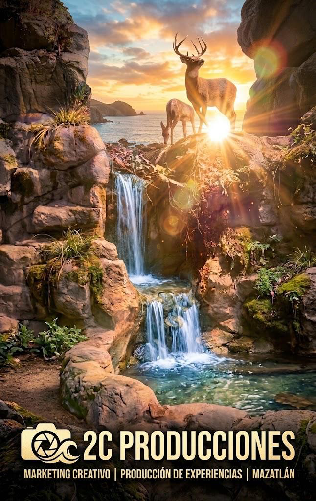 Paisaje natural con venados y cascada al amanecer